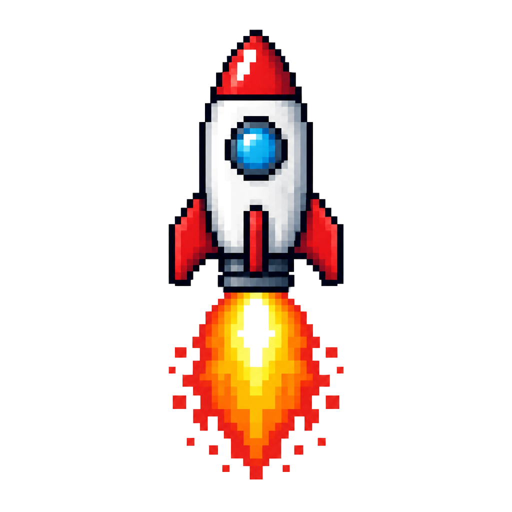 A rocket lifting off in blocky flame
