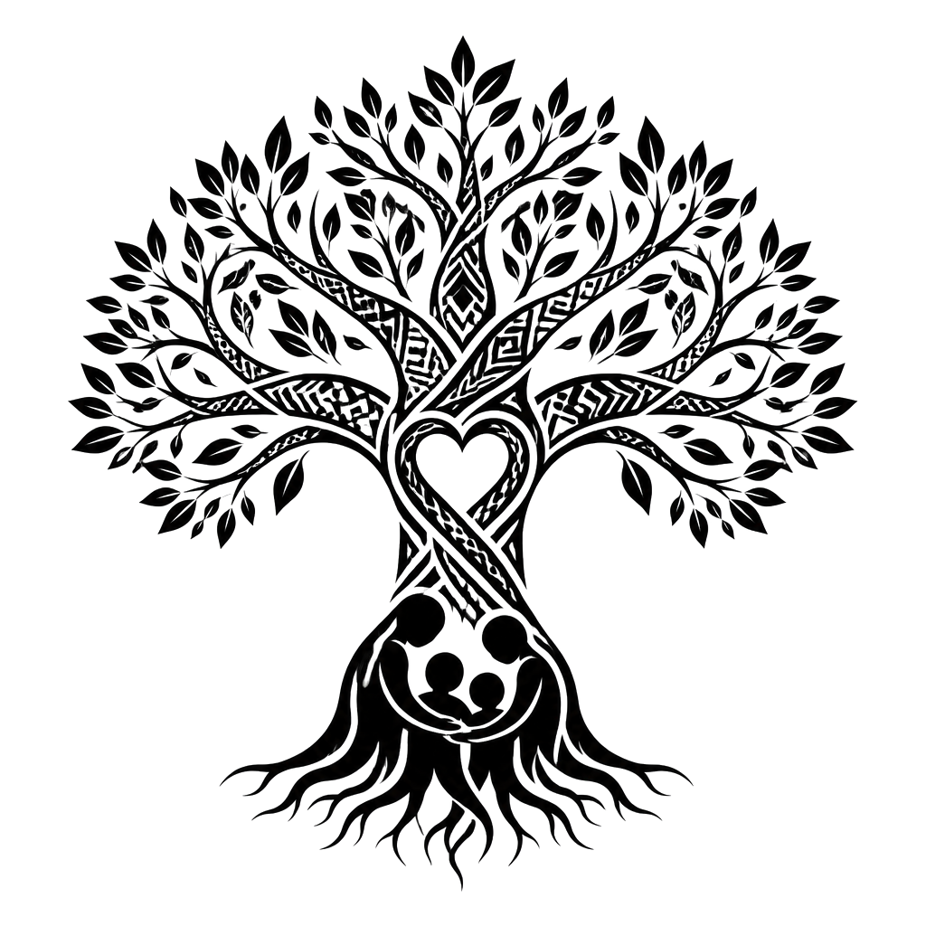 A strong family tree with embracing figures forming its roots, a heart woven through the trunk, and Philippine tribal patterns flowing along the branches.