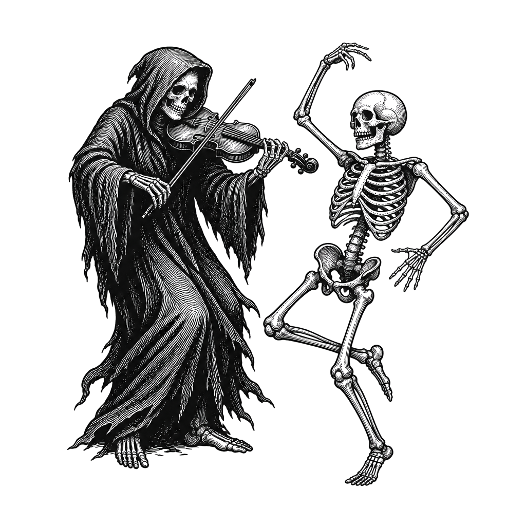 A reaper playing a fiddle for a dancing skeleton
