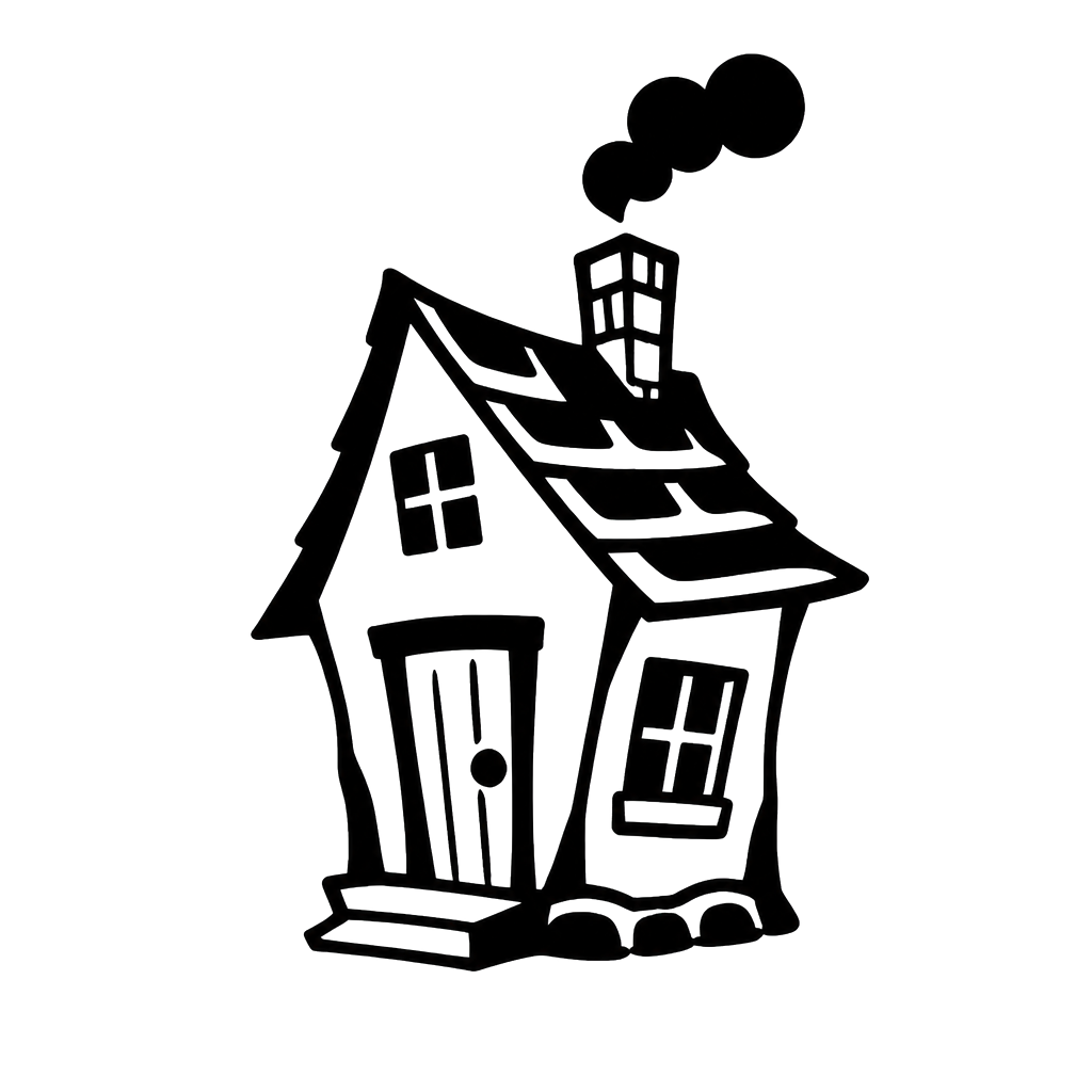 A crooked little house with a smoking chimney