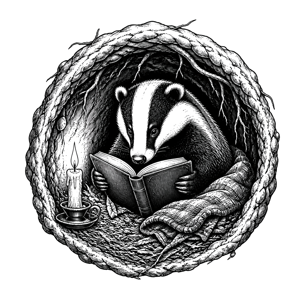 A badger reading by candlelight in its burrow