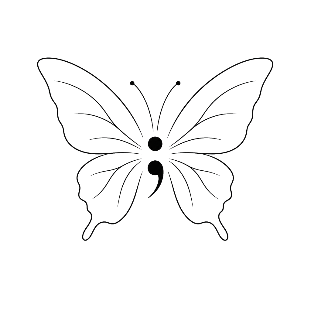 A outline of a butter fly and the body a semicolon