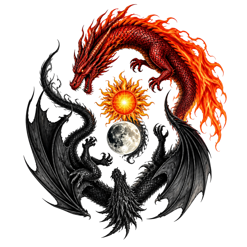 Un dragon rouge avec la queue en flamme et un dragon noir un peu différent avec des ailes, placé à l’envers comme le ying et le yang, avec au milieu des deux dragons une lune et un soleil