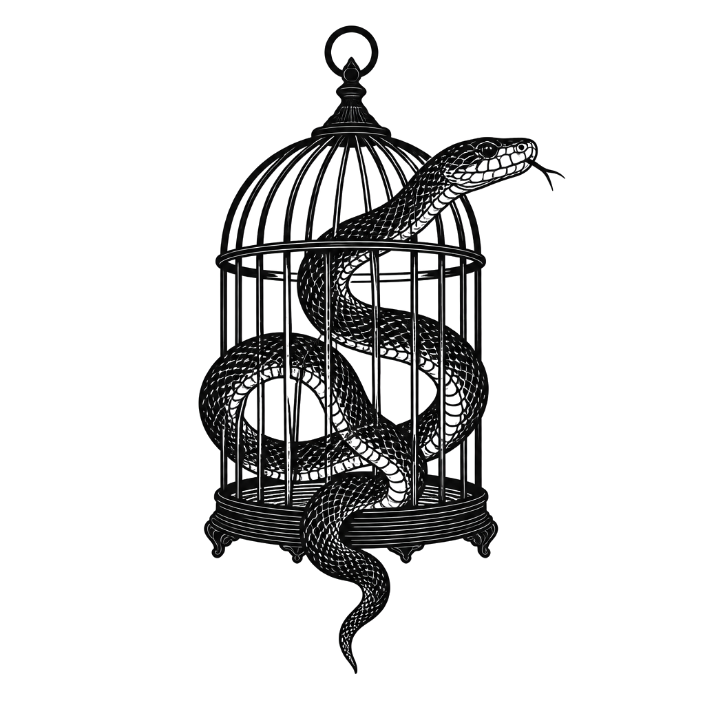 A snake twisting through the bars of a birdcage