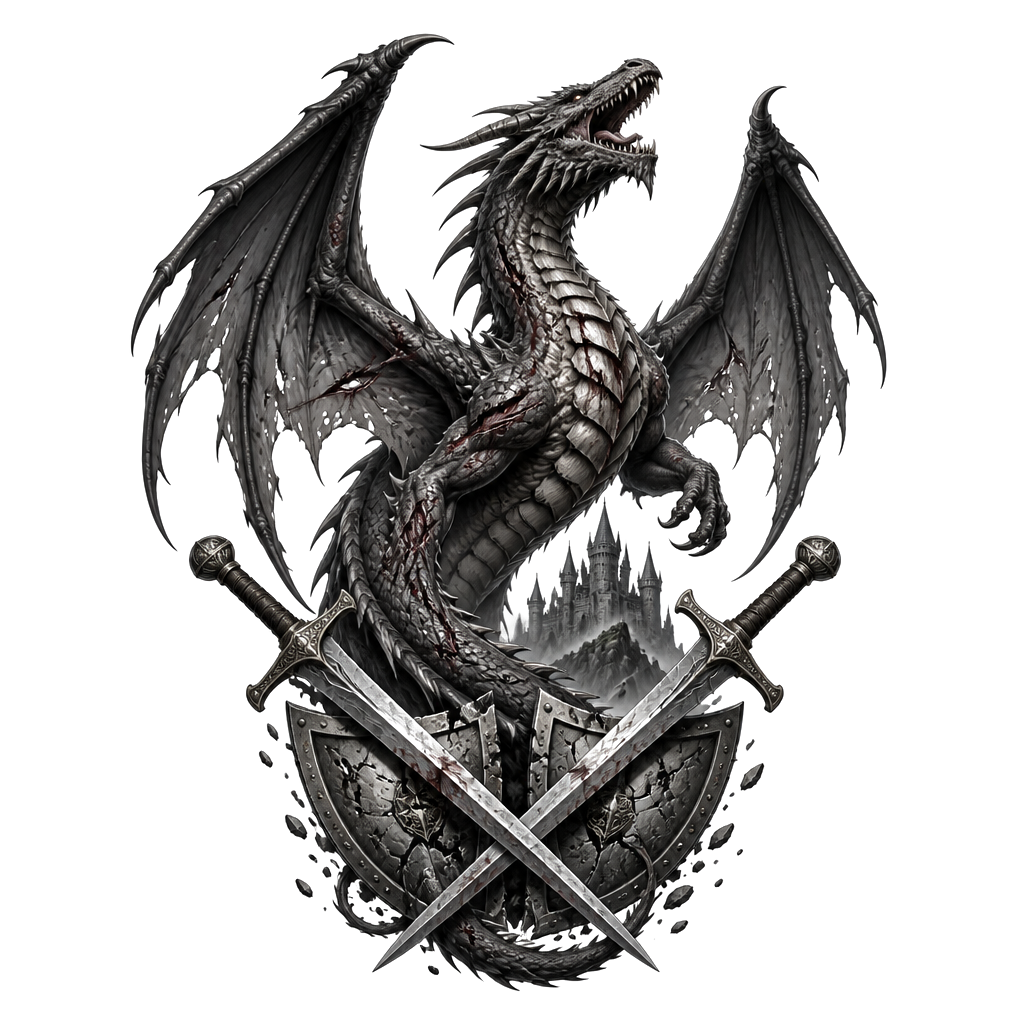 A wounded dragon rising above crossed medieval swords, shattered shield fragments, and a distant castle silhouette.