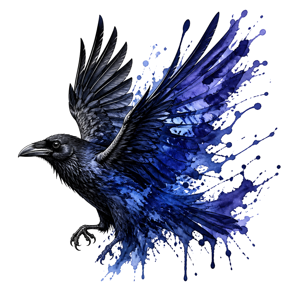 A raven bursting into indigo paint