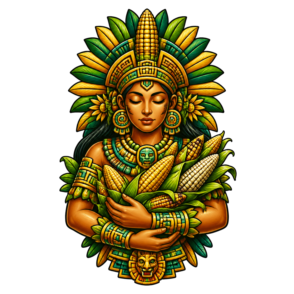 A maize goddess cradling a bundle of corn