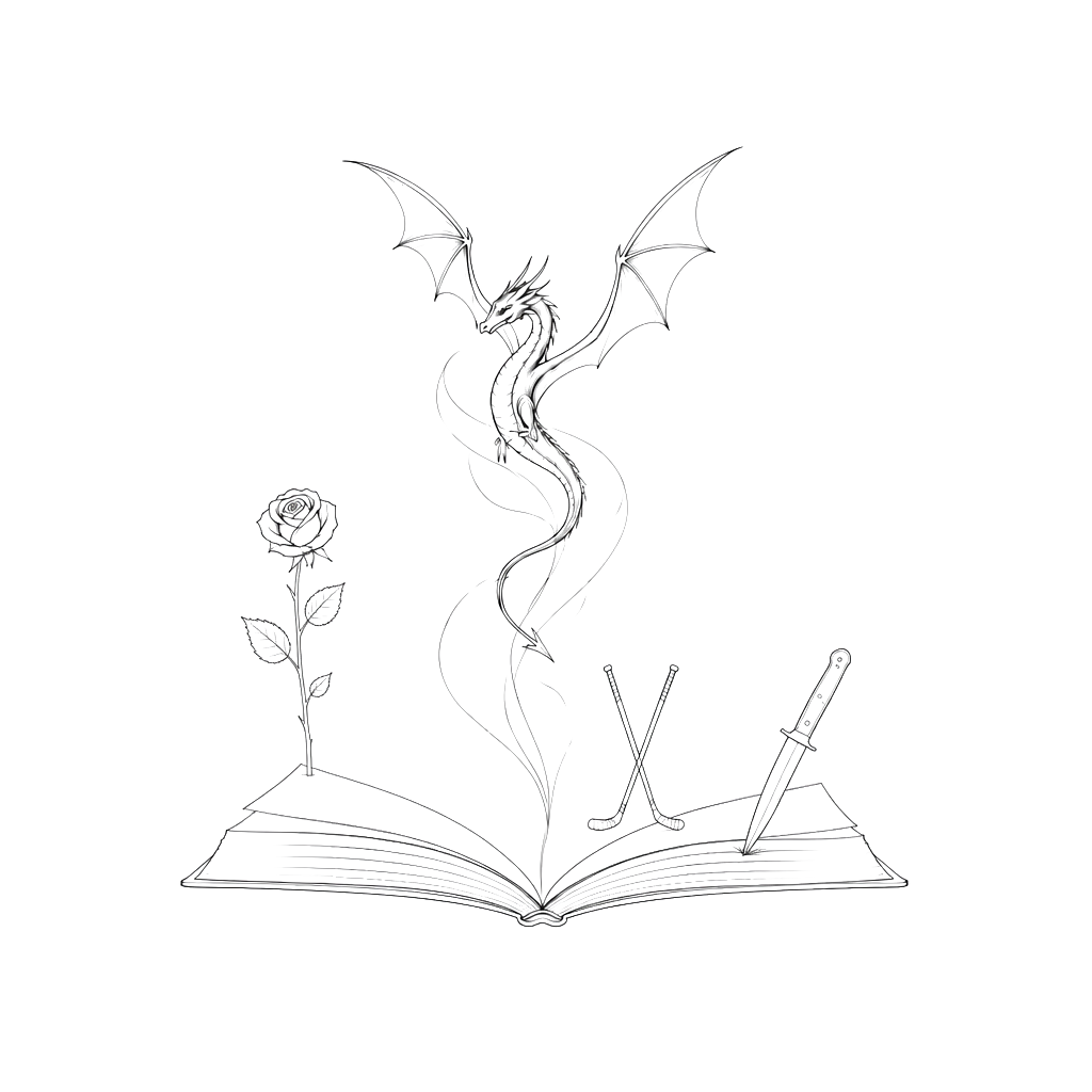 I want an open book and coming out from the book I want a small black dragon, a single rose with the stem, a pair of hokey sticks and a knife