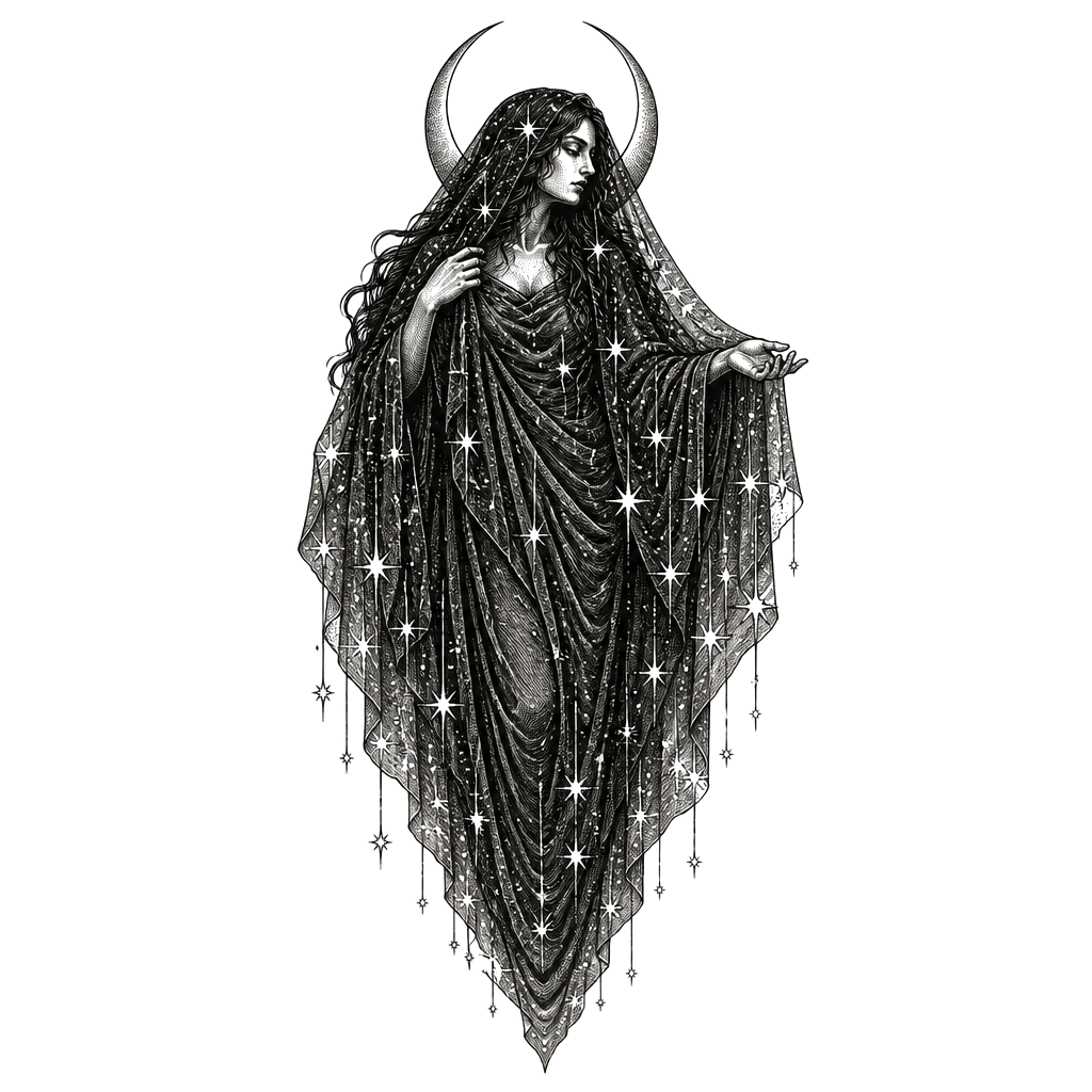 Nyx draped in a veil of falling stars