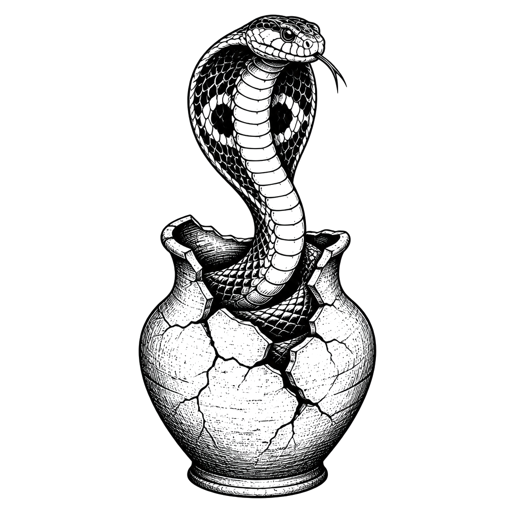 A cobra rising out of a cracked clay vase