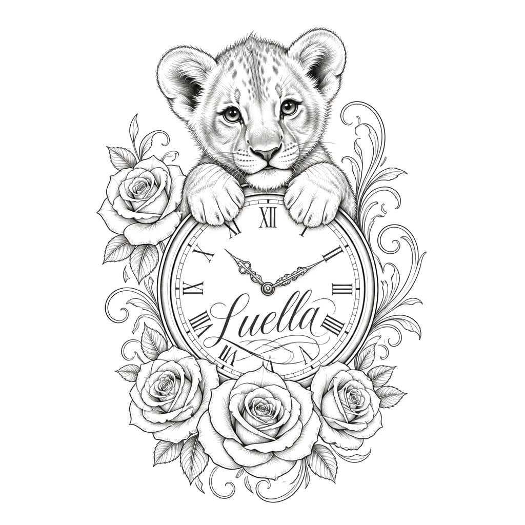 A baby lion a Roman numerial clock with name Luella on it and roses