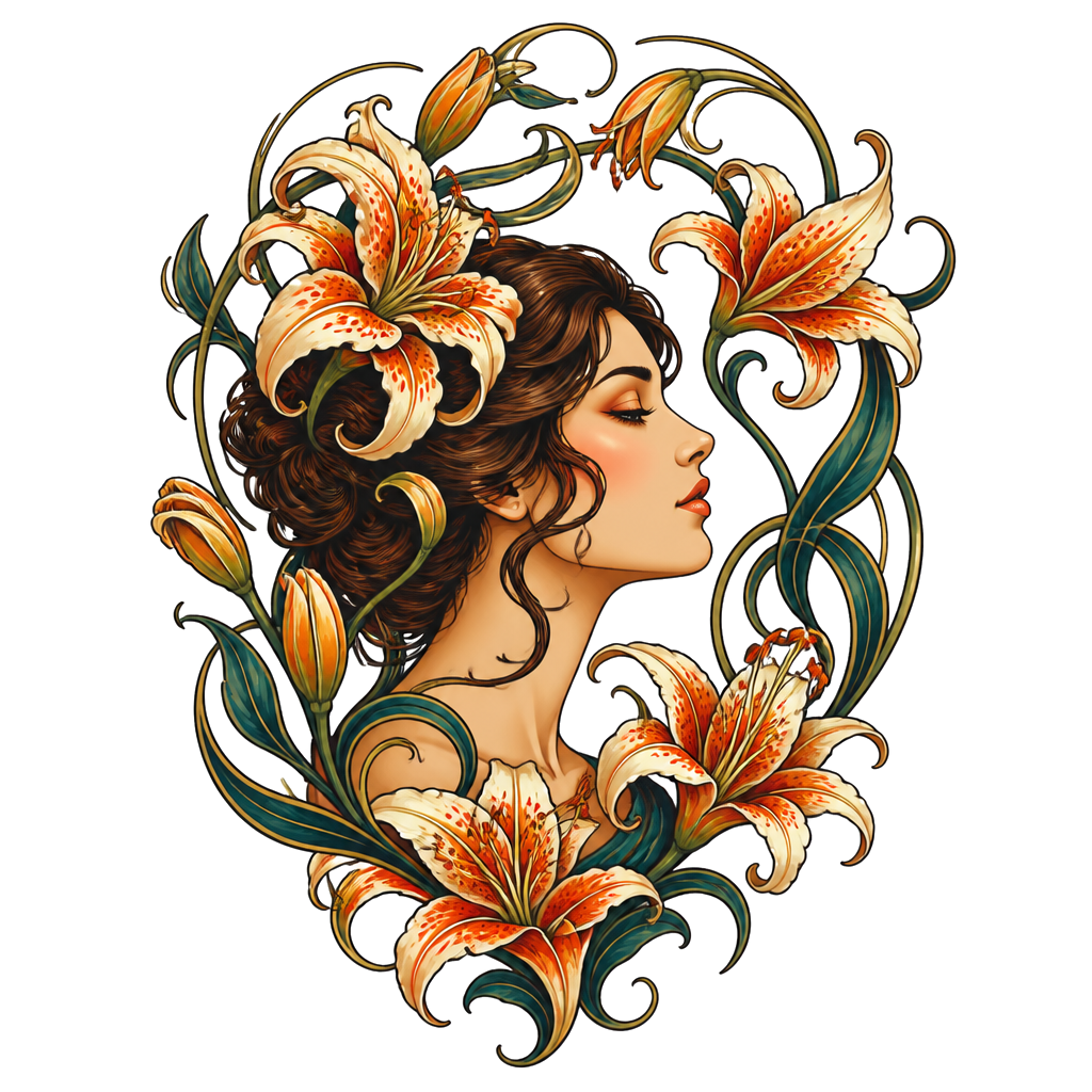 A woman's profile framed by whiplash lilies