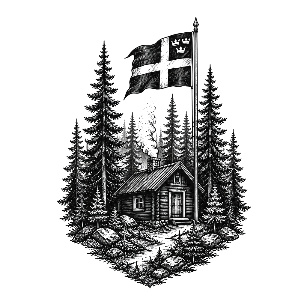 Swedish forest with a little Wood Cabon with a chimney and a flagpole with swedish flag and three crowns
