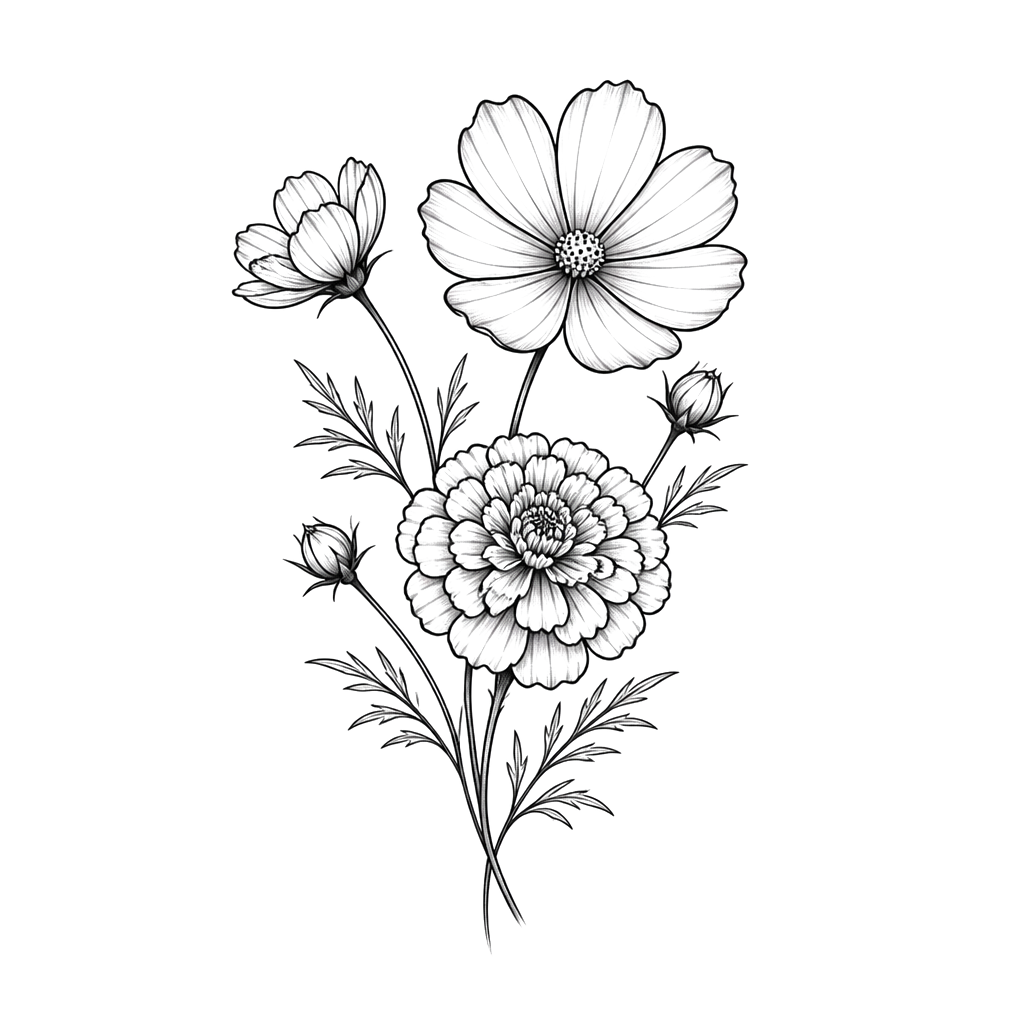 Ich brauche bitte ein Erinnerungs tattoo für meine Mutter. 
Geburtsblume: Ringelblume und die Cosmea (auch Schmuckkörbchen genannt).

Ein Anfänger wird das tattoo stechen