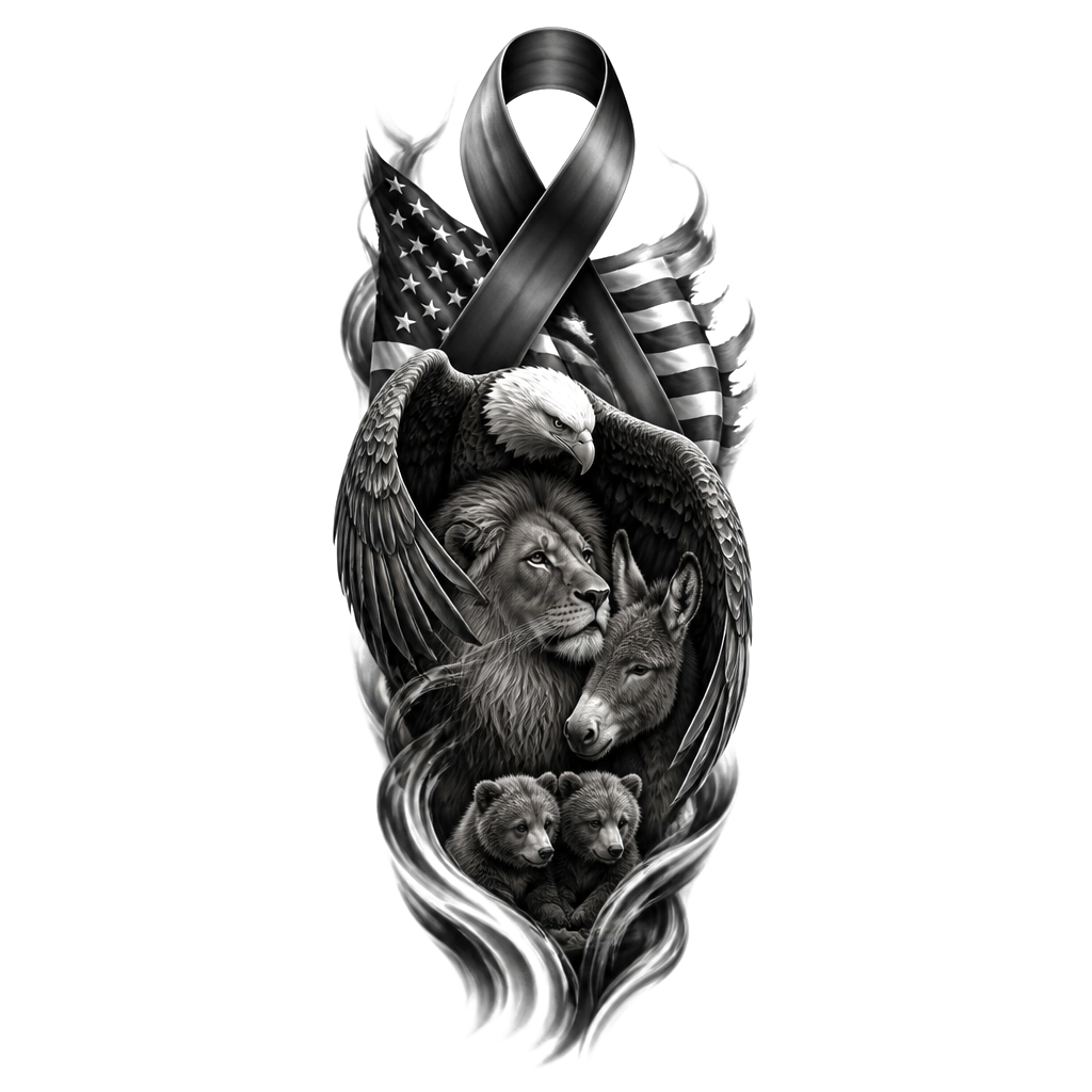 A black shaded cancer ribbon with an American flag a bald eagle, a lion ass and two grizzly Cubs under the protection of the bald eagle. As a sleeve.