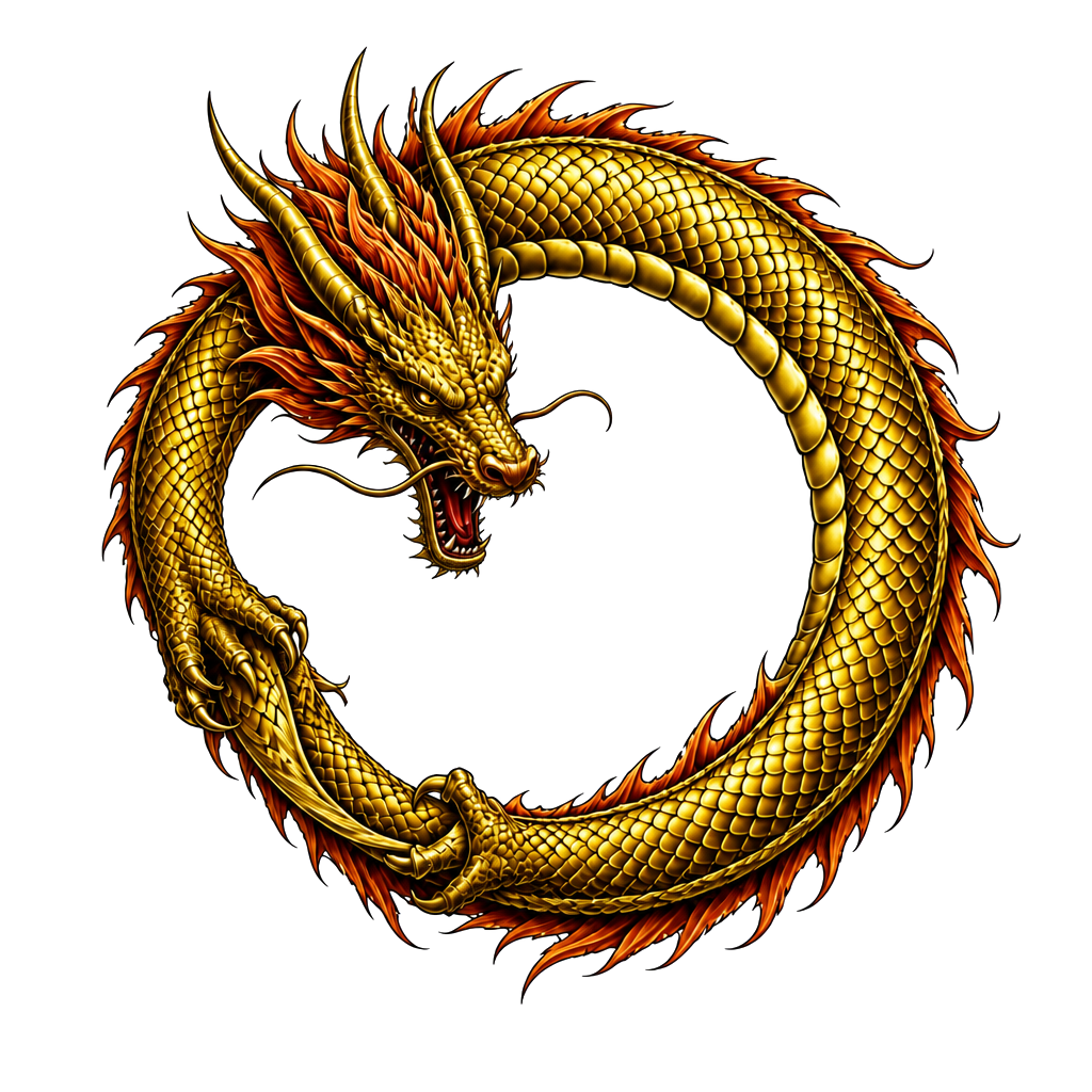 A coiled dragon forming an unbroken circle, its tail held gently in its claws, with a small open space at the center symbolizing inner strength.