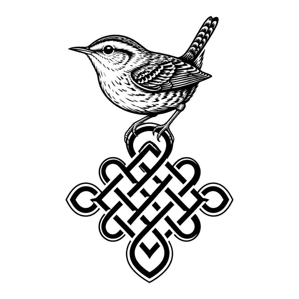 A wren perched on an endless knot