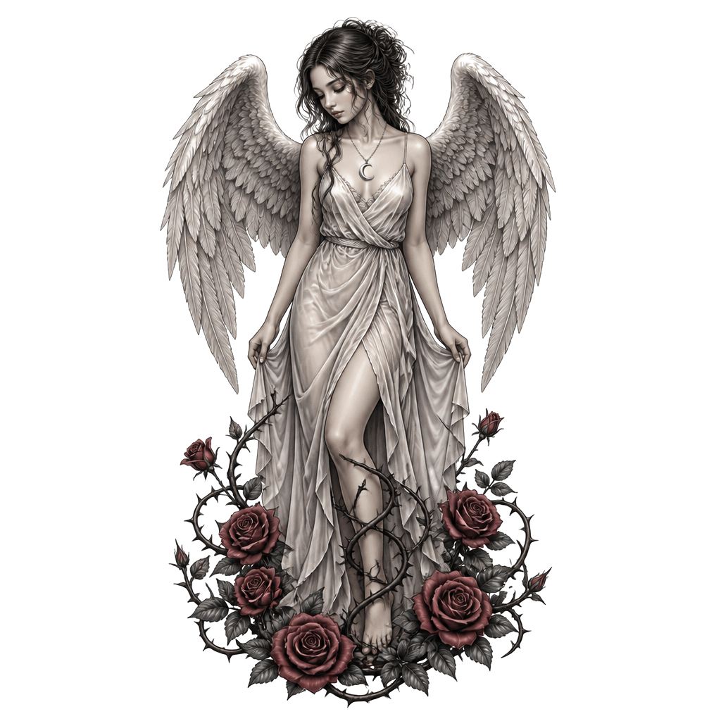 An angel girl ,roses with thorns at the feet moon necklace