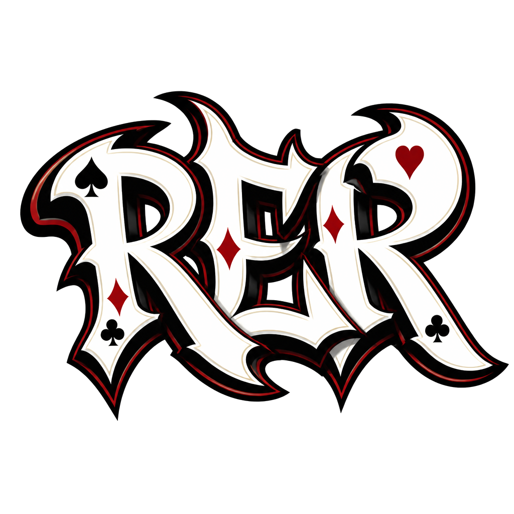 I want the first two letters of the name Rene it should be RE and then I want the first letter of last name that is Reyes so R at the end in a poker theme deck of Cards font