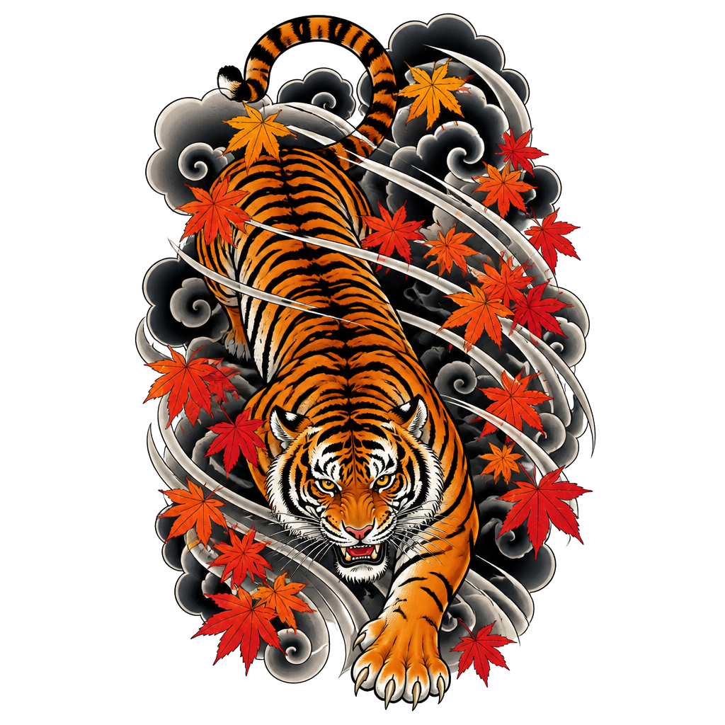 A tiger prowling under wind bars and maple leaves