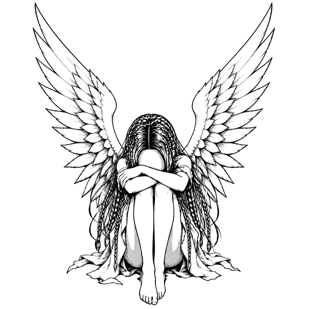 A girl with wings sitting down with her head down
