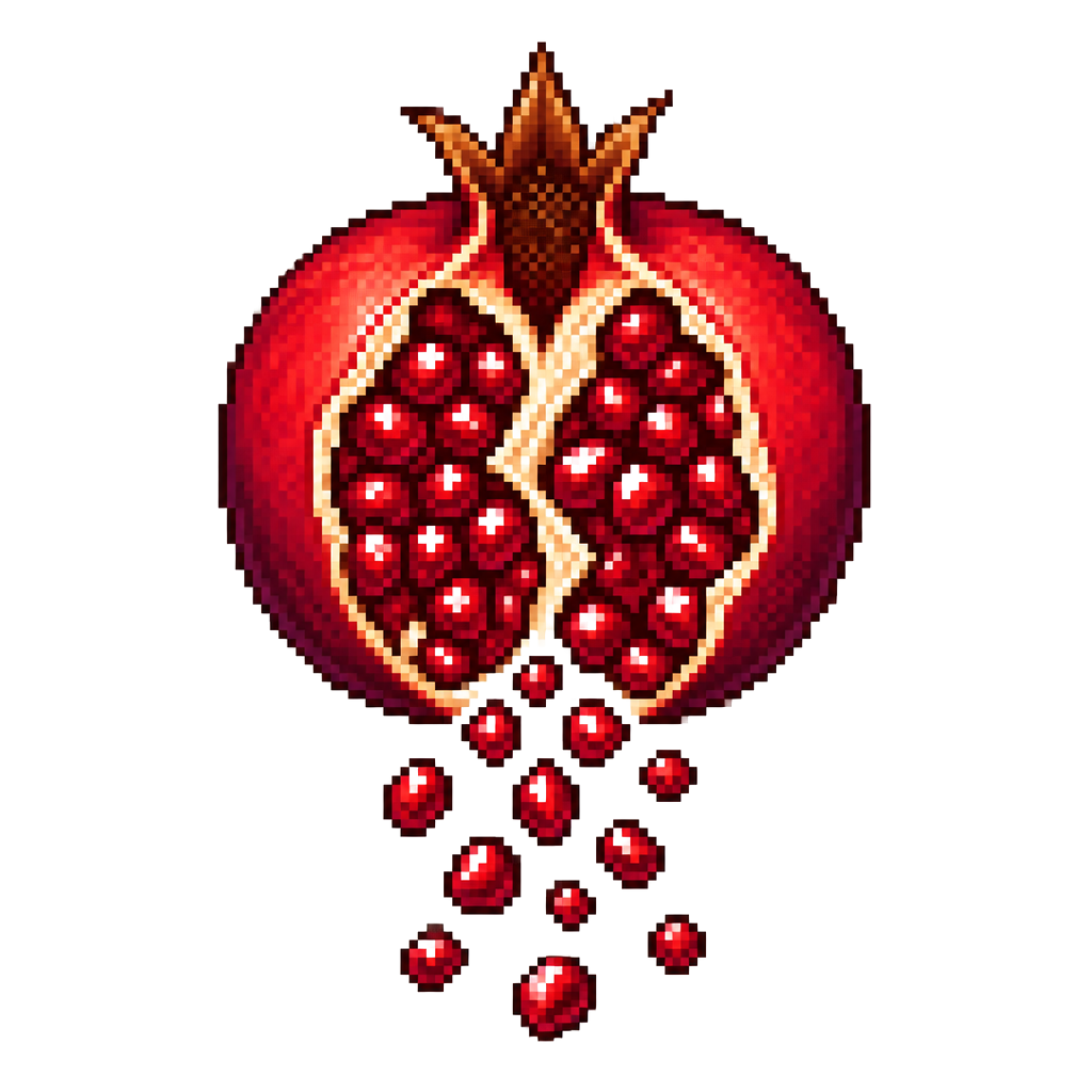 A pomegranate split open, seeds falling like rubies