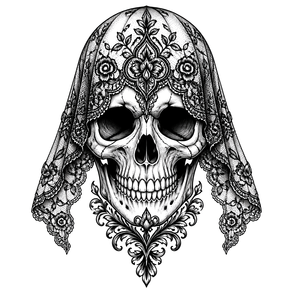 A skull with a lace veil draped over its brow