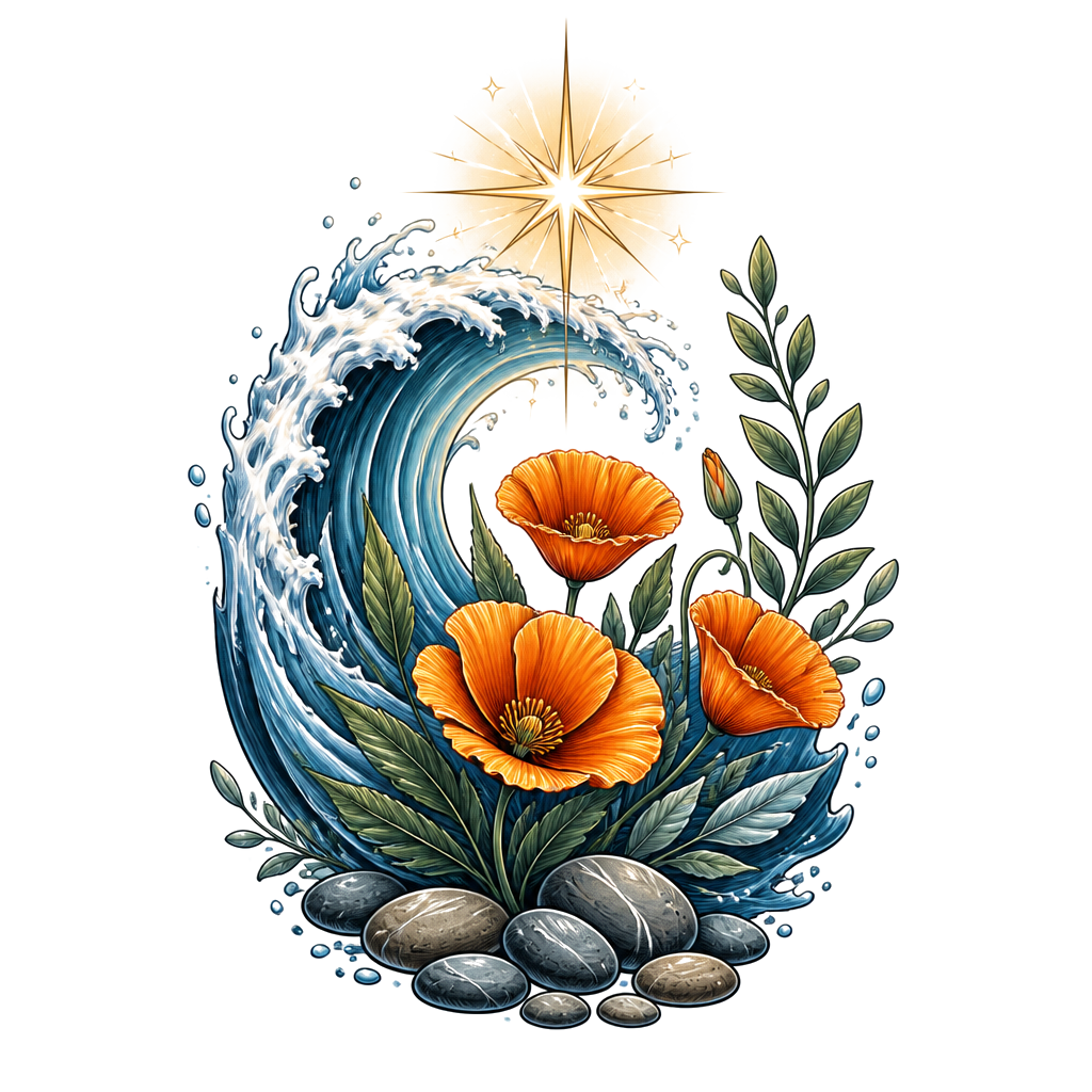 A curling wave cradles spring poppies and lush leaves, anchored by smooth river stones beneath a radiant morning star.
