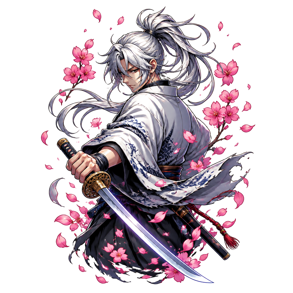 A silver-haired swordsman under falling petals