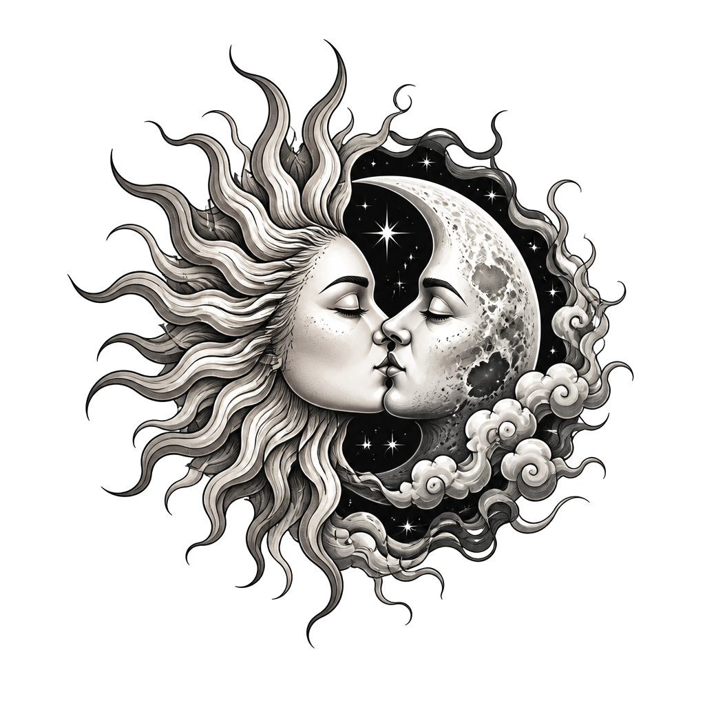 The sun and moon locked in an eclipse kiss