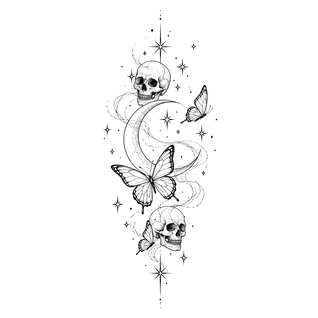 Stars with smoke around it and the moon butterflies