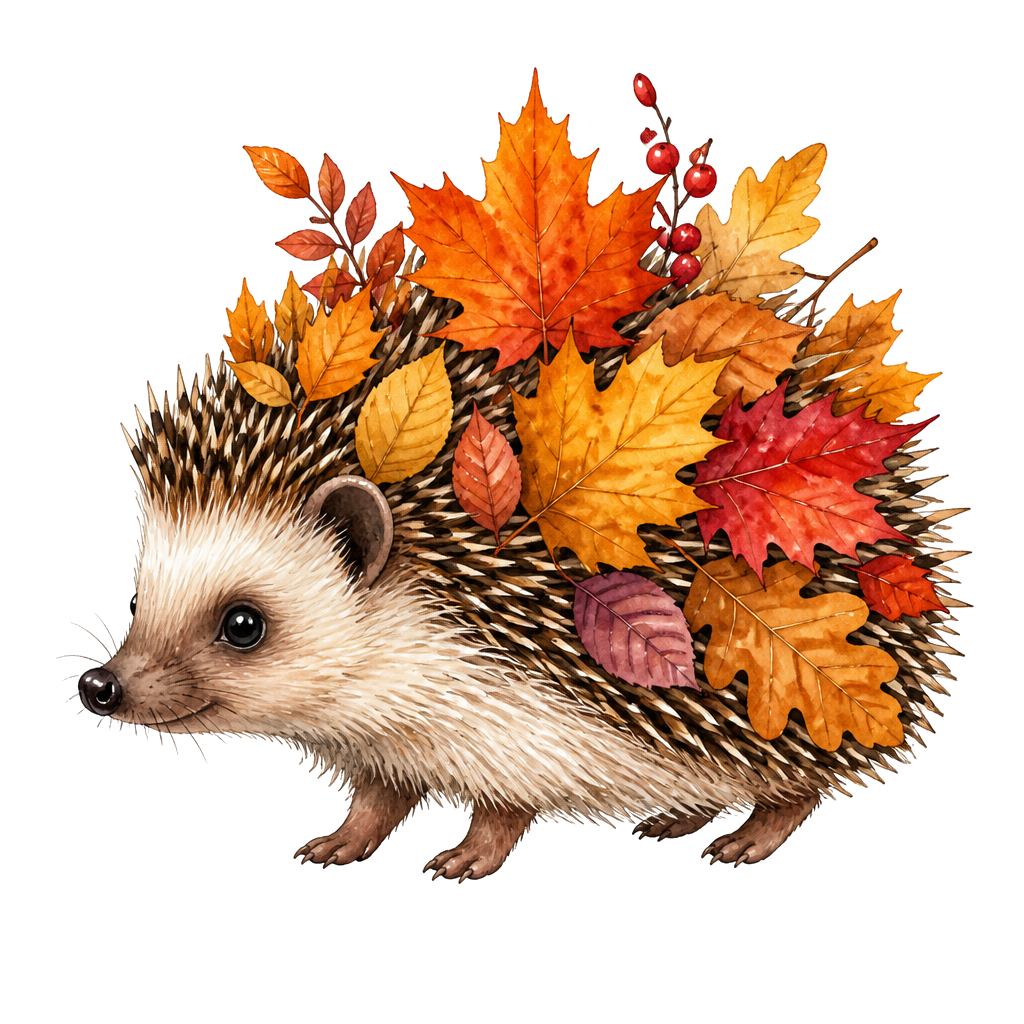 A hedgehog carrying autumn leaves on its spines