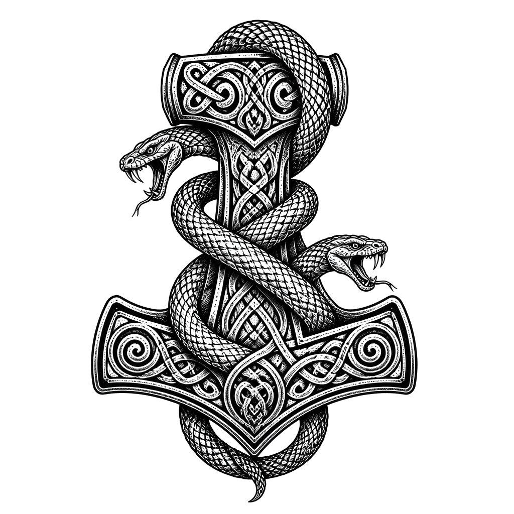 Mjölnir wrapped in coiling knotwork serpents