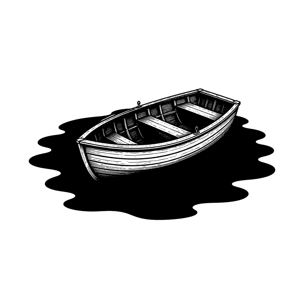 A lone rowboat on a sea of solid black