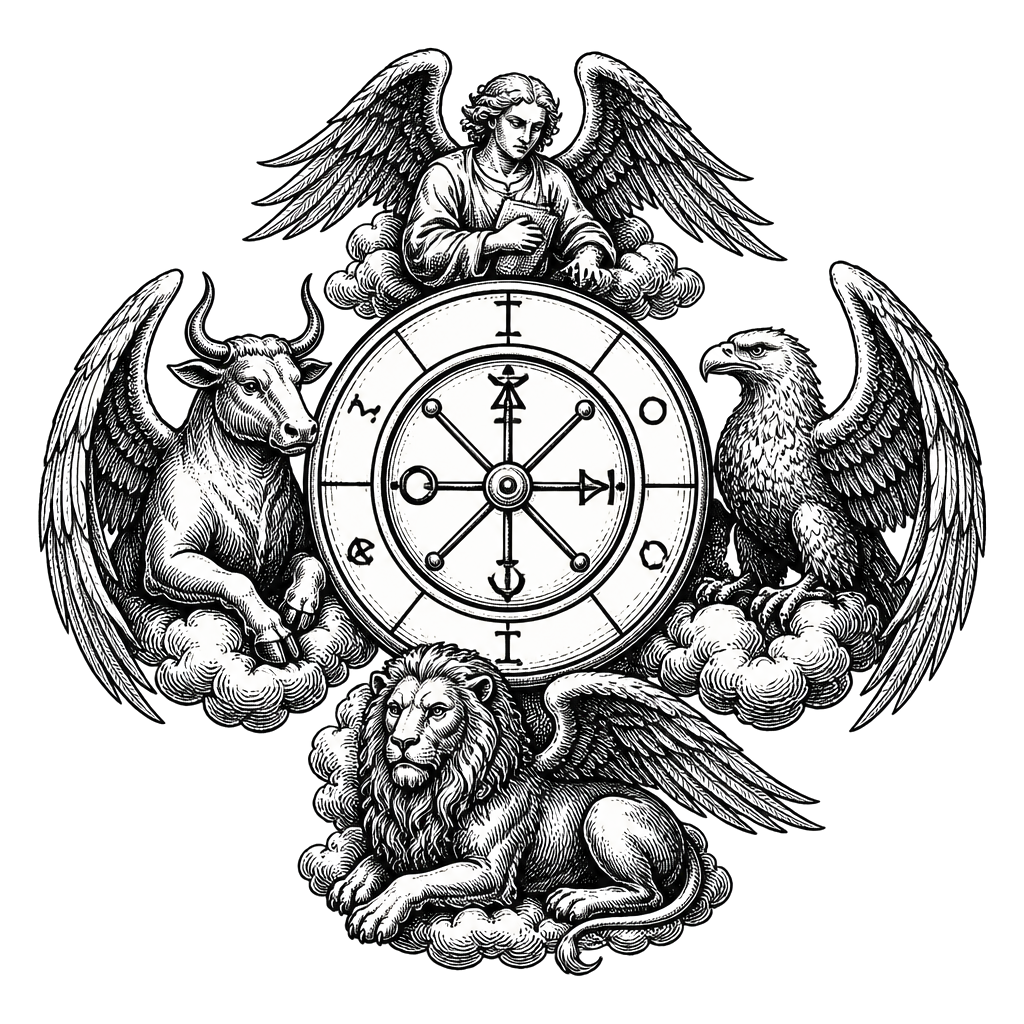 The Wheel of Fortune tarot card ringed by four beasts