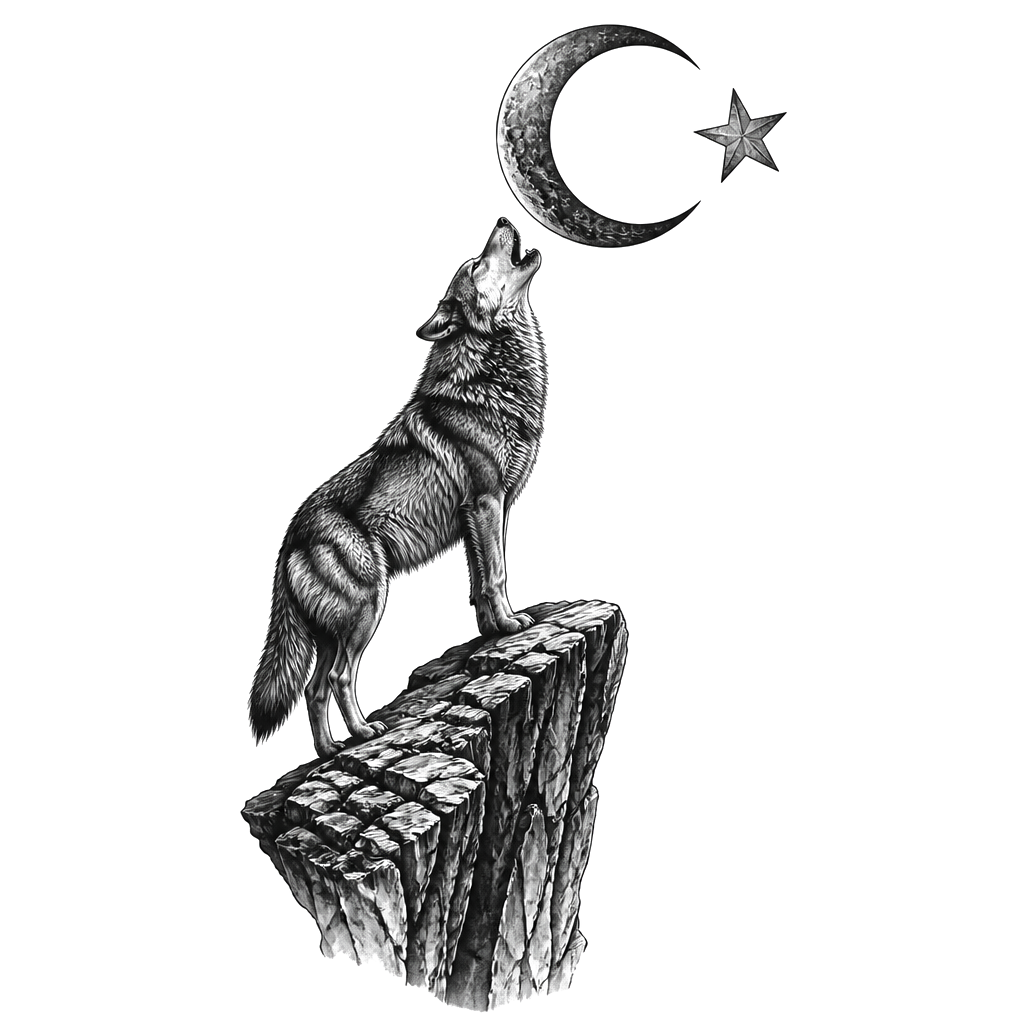 ein wolf der den mond anheult, der mond ist das türkei zeichen mit mond und stern aber liegen, auf einer klippe stehend