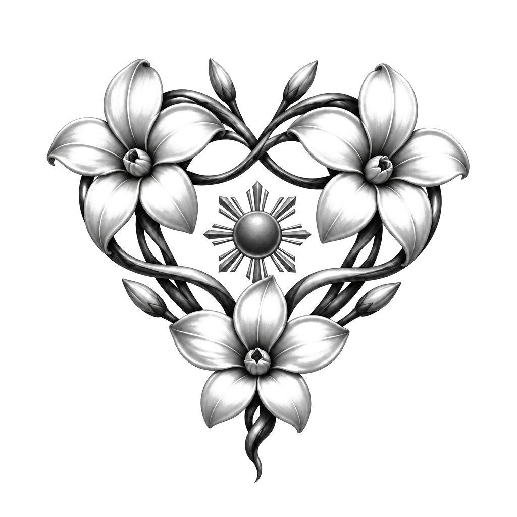 Three interwoven sampaguita flowers forming a subtle heart, with a small Philippine sun at the center and flowing lines suggesting an unbreakable family bond.