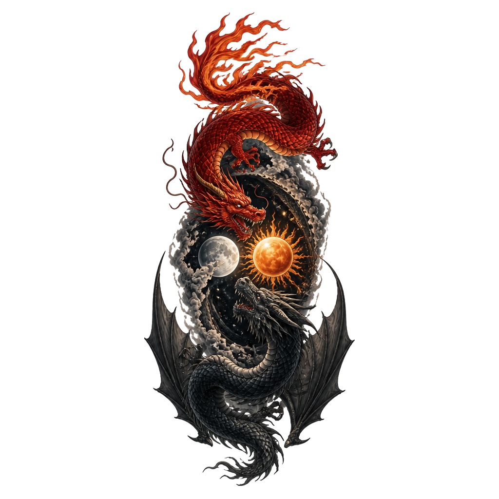 Un dragon rouge avec la queue en flamme et un dragon noir avec des ailes un peu différent et plus sombre, placé à l’envers comme le ying et le yang, avec au milieu des deux dragons une lune et un soleil. Je veux qu’il soit en long et que seul leurs têtes se croise