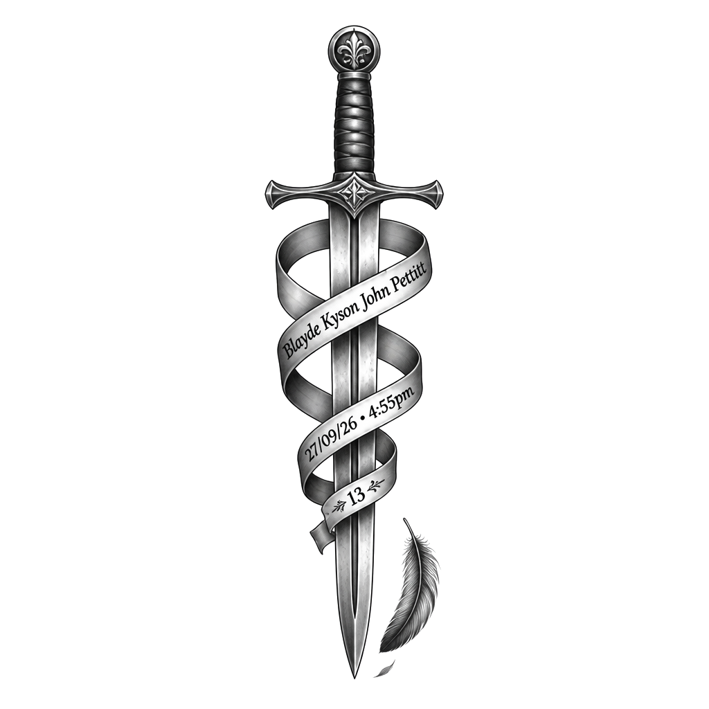 An upright blade entwined with a small eternity ribbon, inscribed “Blayde Kyson John Pettitt,” “27/09/26 • 4:55pm,” and “13,” with a single falling feather.