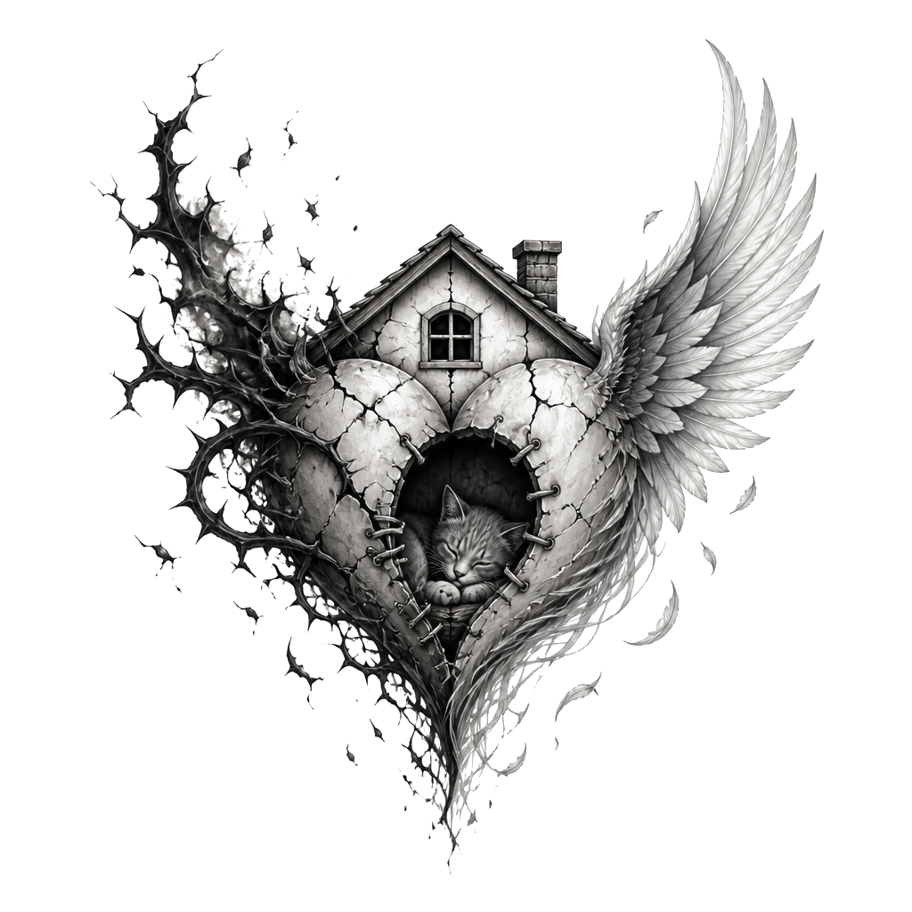 A cracked house-shaped heart mended with sutures, a small cat resting safely inside, thorned shadows dissolving into open wings.
