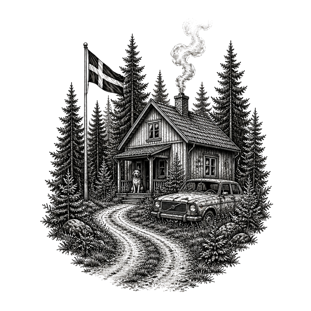 A forest with a house thats typical from swedens Wood and a old anondoned Volvo next to the house and a flagpole with swedish flag and smoke coming from the chimney and a road coming the house and a dog on the front porch