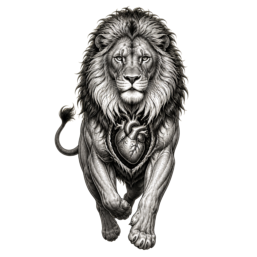 A male lion with heart beating showing with white mane color in under the mouth area. The full body of the lion with muscles on the move