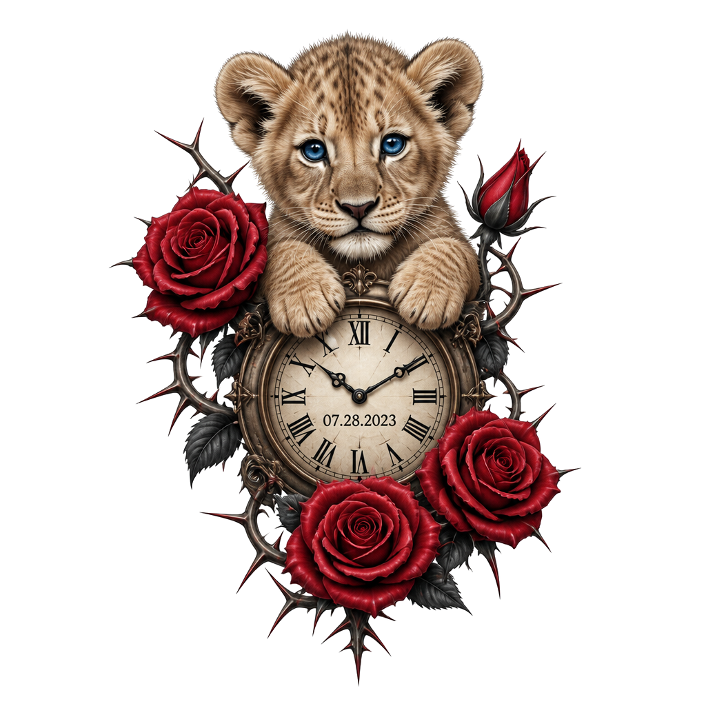 I want a baby lion blue eyes with a clock with a date on it, with red spiky roses with the name Luella on it
