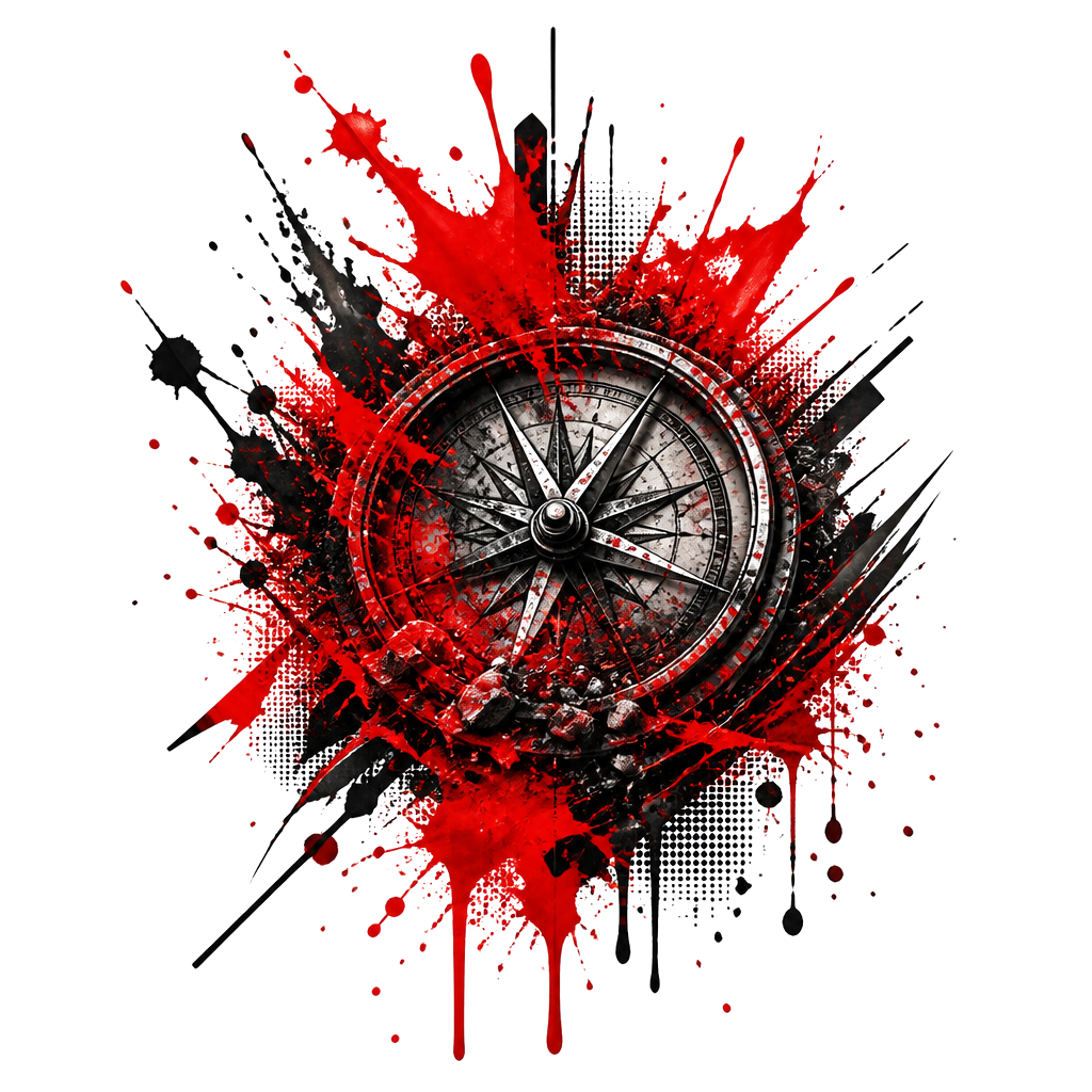 A compass buried under red splatter