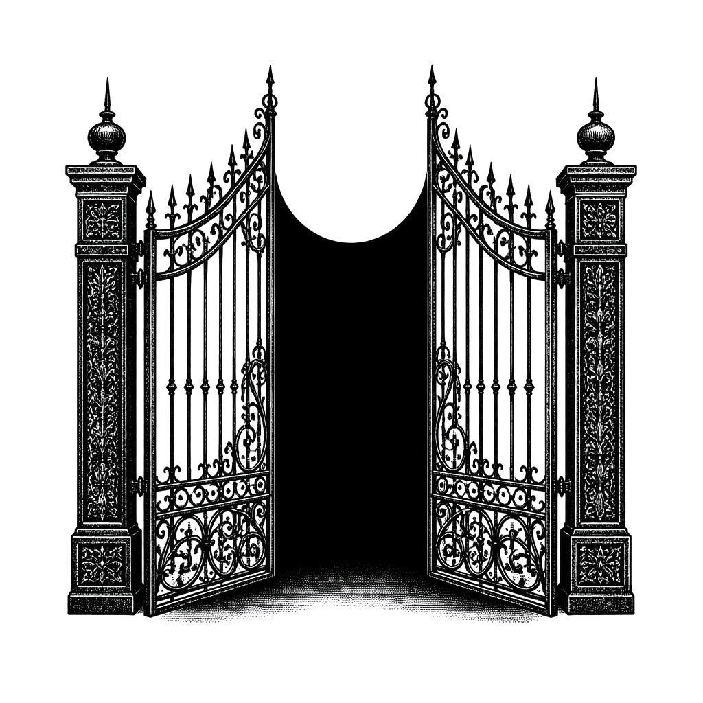 An iron gate opening onto pure black