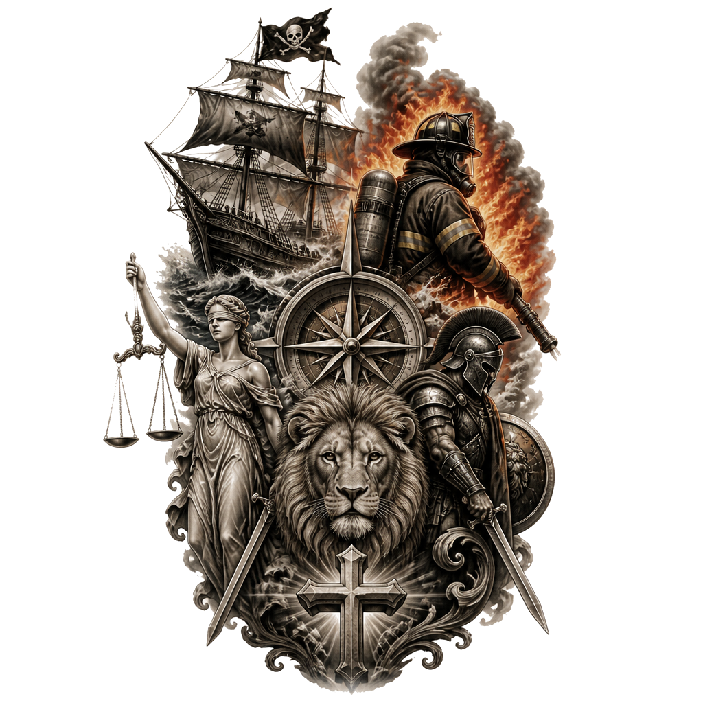 08/13/1989
Pirate ship
Firefighting 
Compass
Lady Justice
Christian
Warrior
Lion