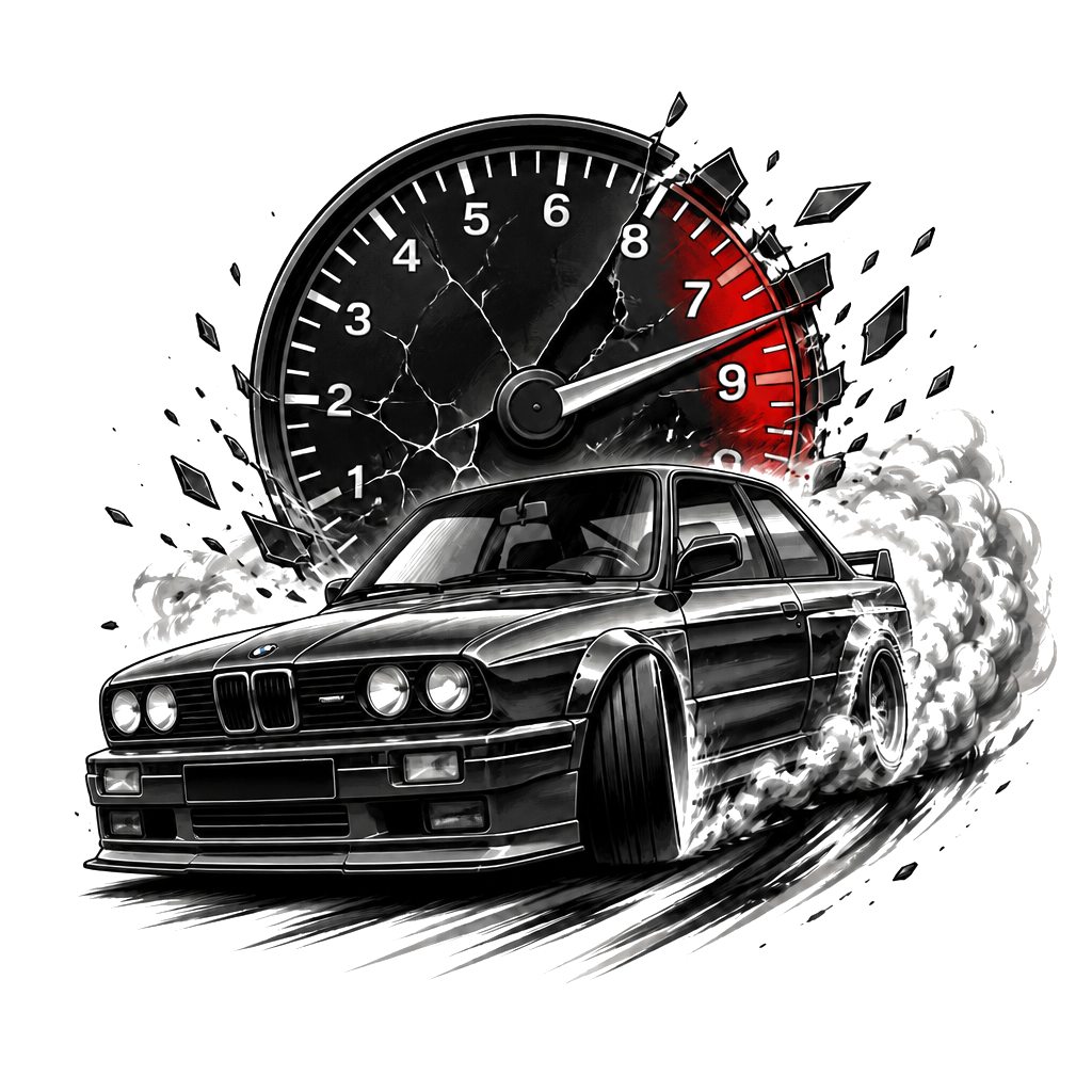 BMW e30 with a is facelift kit while drifting with a rev clock under broken and in the limit redline with the numbers on the revlimiter