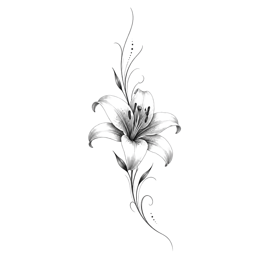 fleur (la vraie fleur de la nature) de lys en bas du ventre à droite avec des légers traits qui vont en haut et en bas du ventre de 15 cm