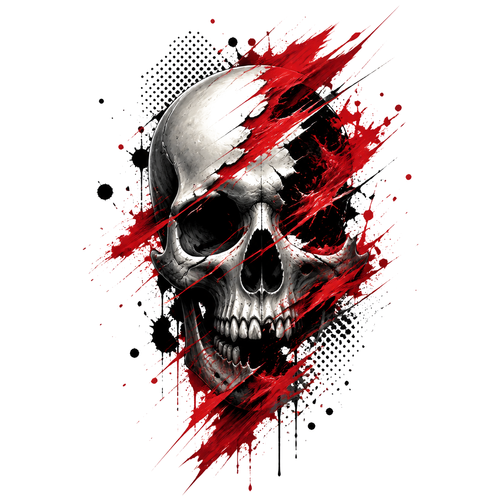 A skull torn apart by red brush smears