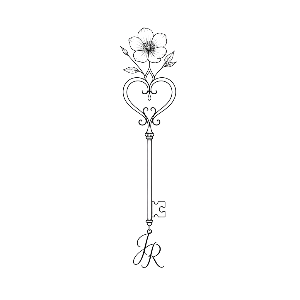 Create a key in a minimalist. Add a flower to the top, and the letters “J R” to the bottom. The top of the key should be shaped like a heart.